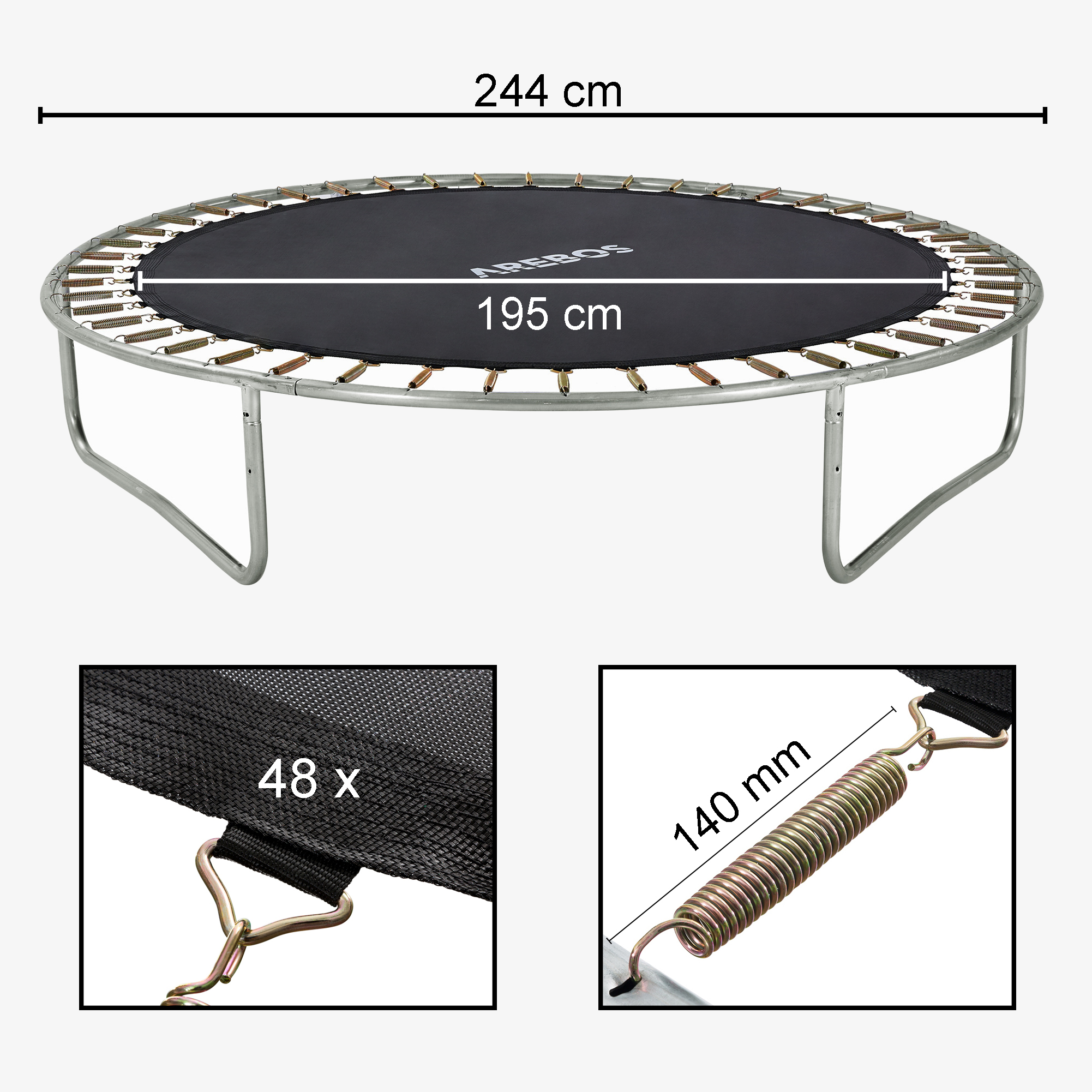 Arebos Tappeto da salto per trampolino Ø 244cm/8feet, Ø tappeto 195cm, 48 occhielli, lunghezza molla 140mm