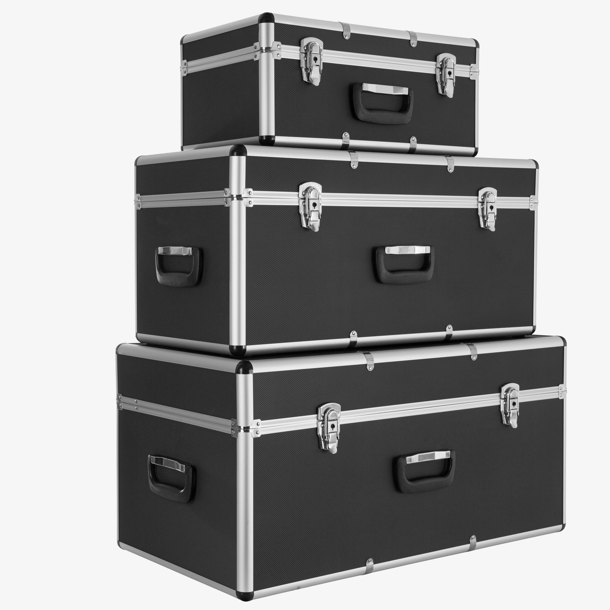 Arebos Set di 3 cassette da trasporto in alluminio 200L - Corpo in ABS nero - con maniglia di trasporto