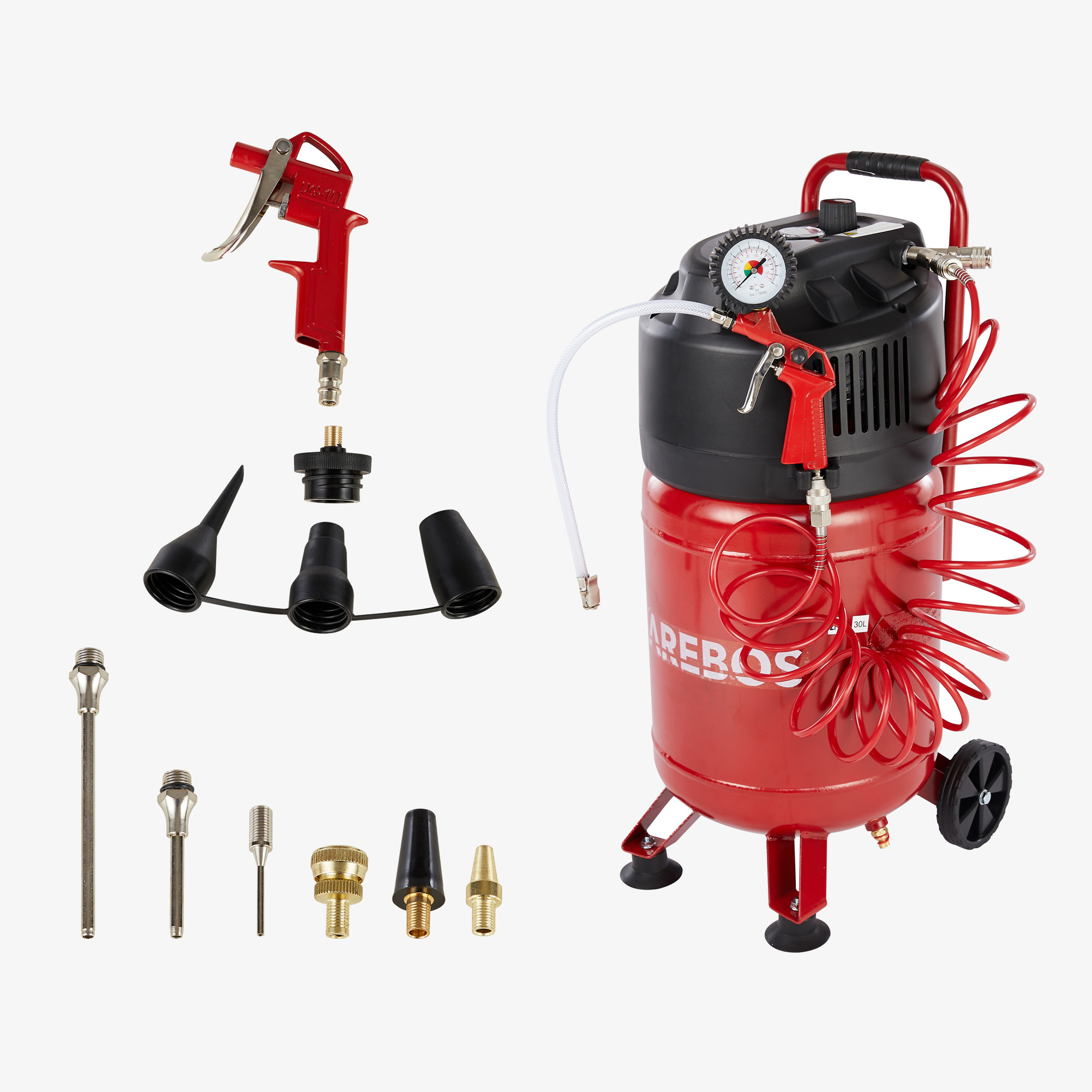 Arebos Compressore d'aria 30L, potenza 1500W, 10 Bar, verticale incl. 13 accessori