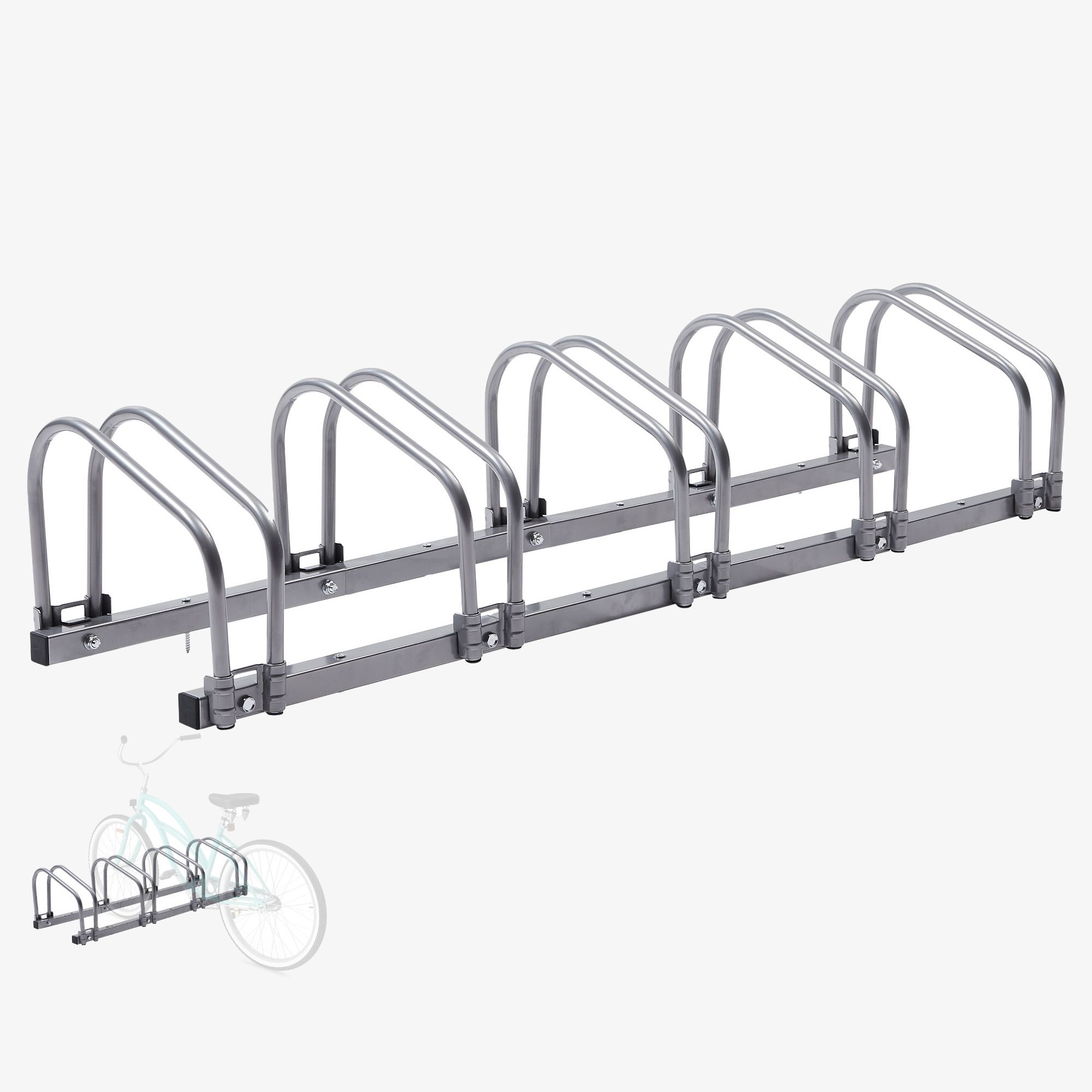 Arebos Cavalletto per 5 biciclette | Dimensione 130 x 30 x 26 cm | Montaggio a pavimento o a parete | Portabici argento