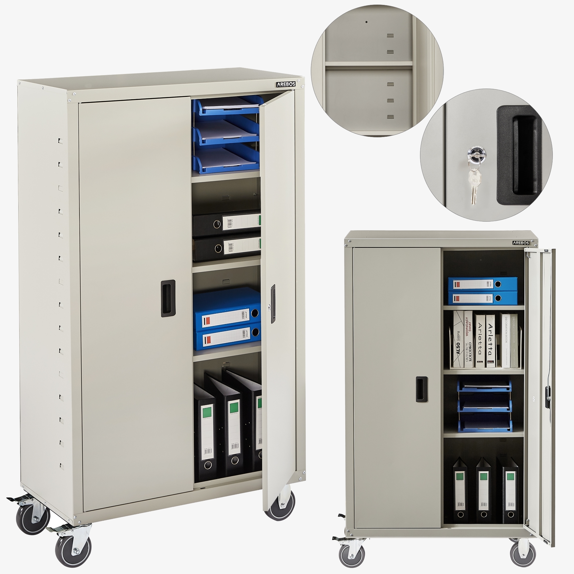 Arebos Armadio per archiviazione Armadio per garage-155x90x40cm con ruote e ripiani regolabili in altezza