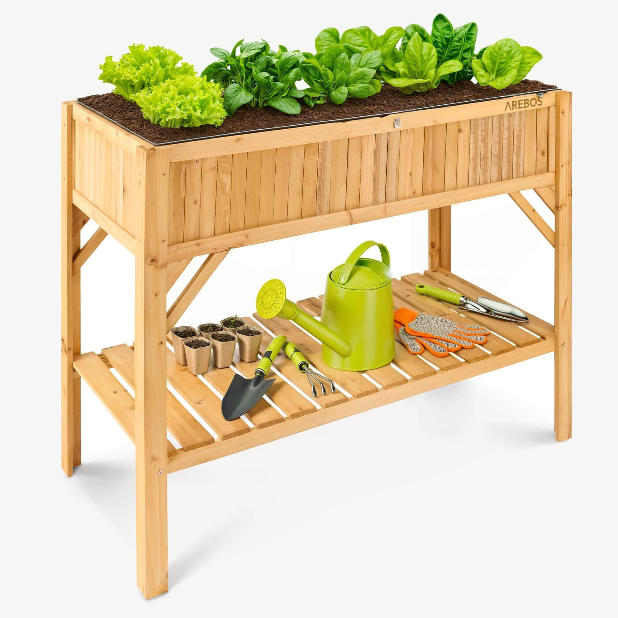 Letto rialzato in legno Arebos con vano portaoggetti | per giardino, balcone e terrazza | Dimensioni 119 x 53 x 90 cm