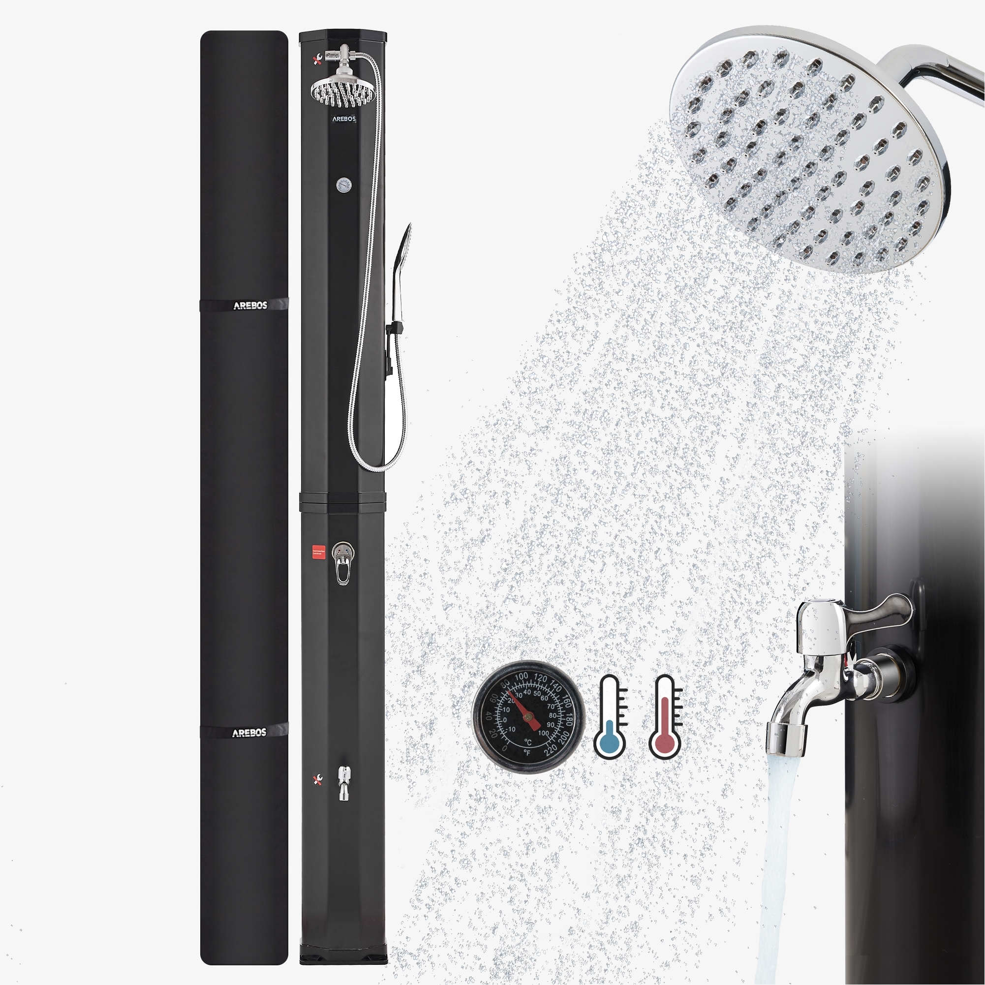 Arebos Solar Shower 60L con termometro e doccetta nera con attacco a scatto e rapido