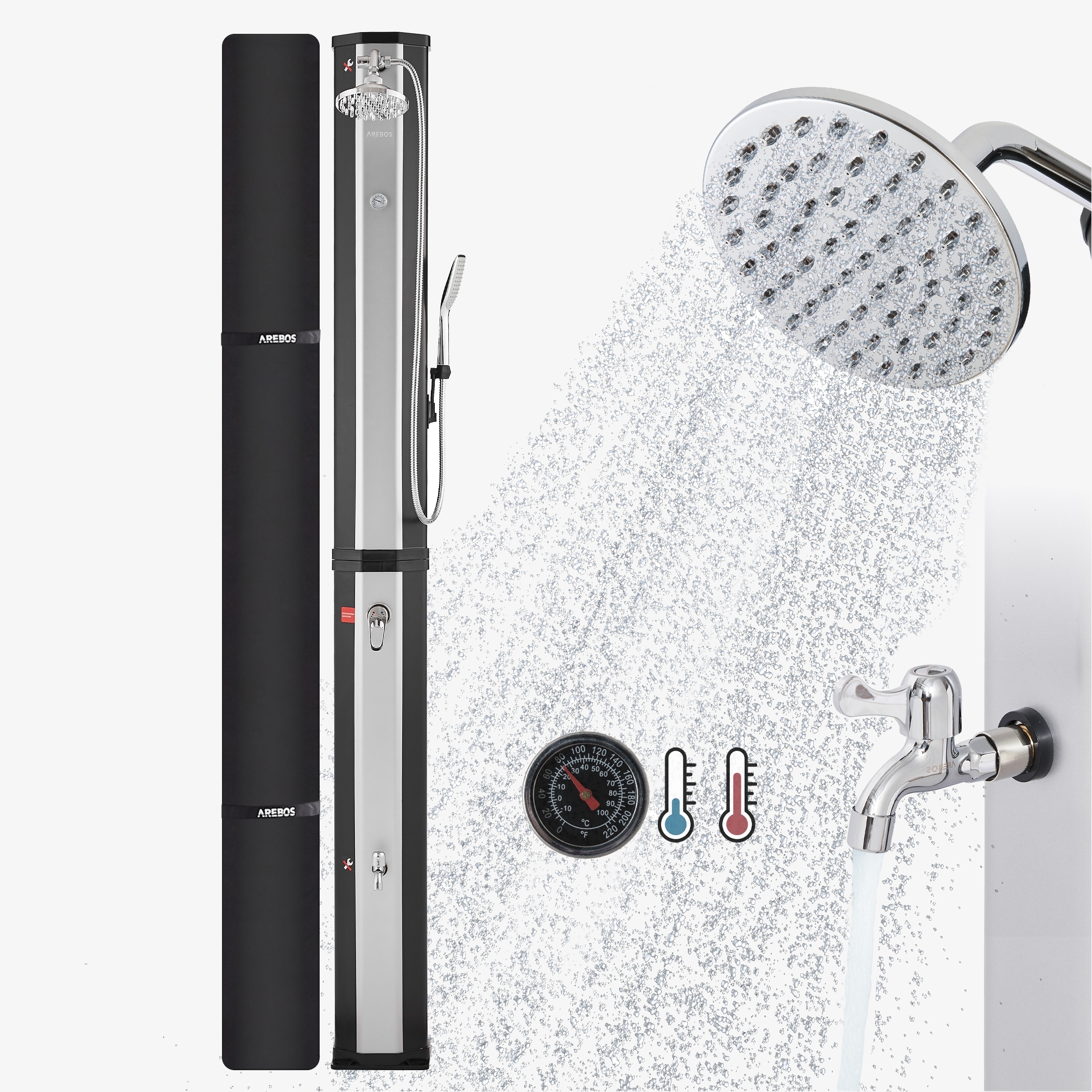 Arebos Solar Shower 60L con doccetta e temometro nero/argento, Snap IN e connessione rapida