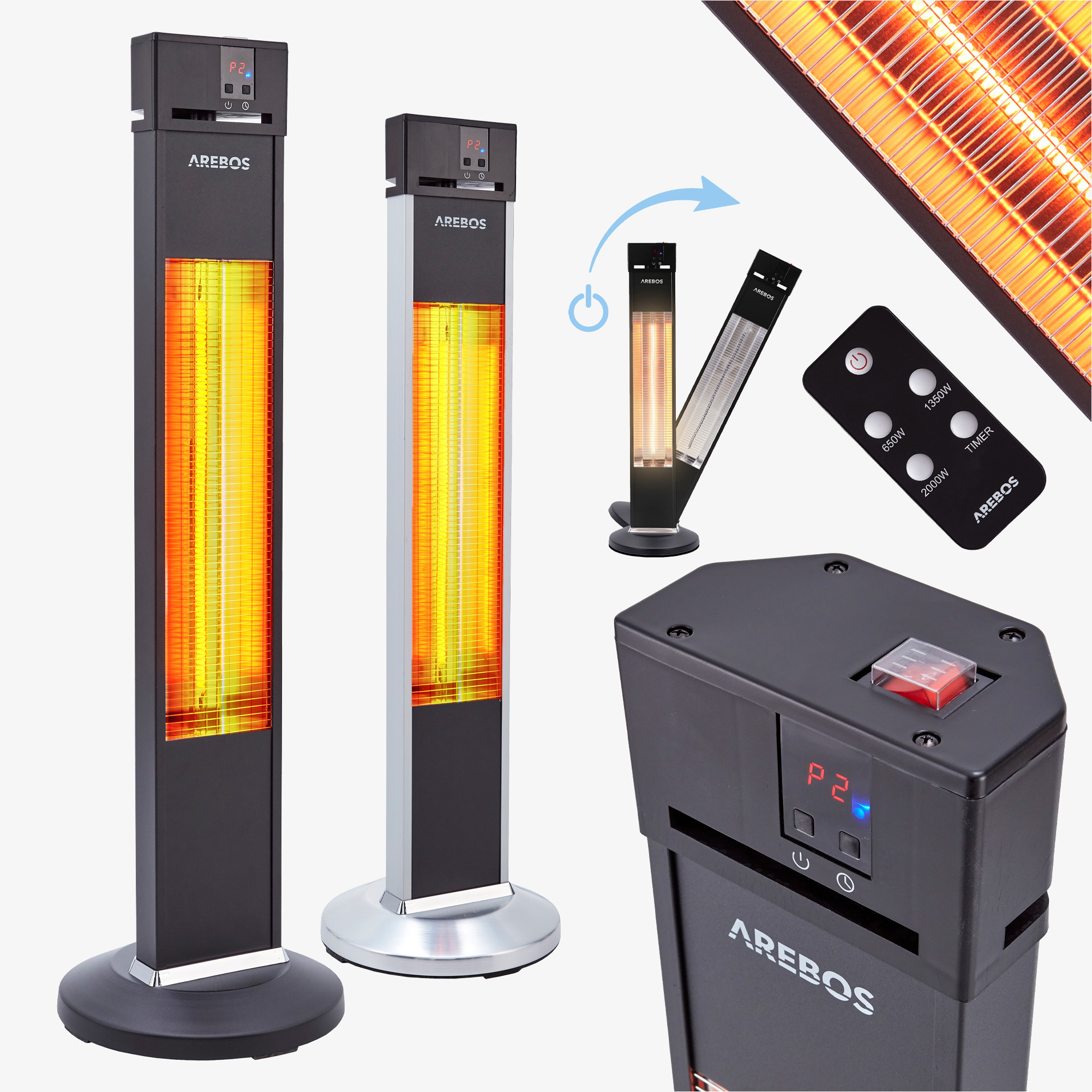 Arebos Riscaldatore da terrazza a infrarossi 2000W - 3 impostazioni di calore, incluso telecomando, supporto