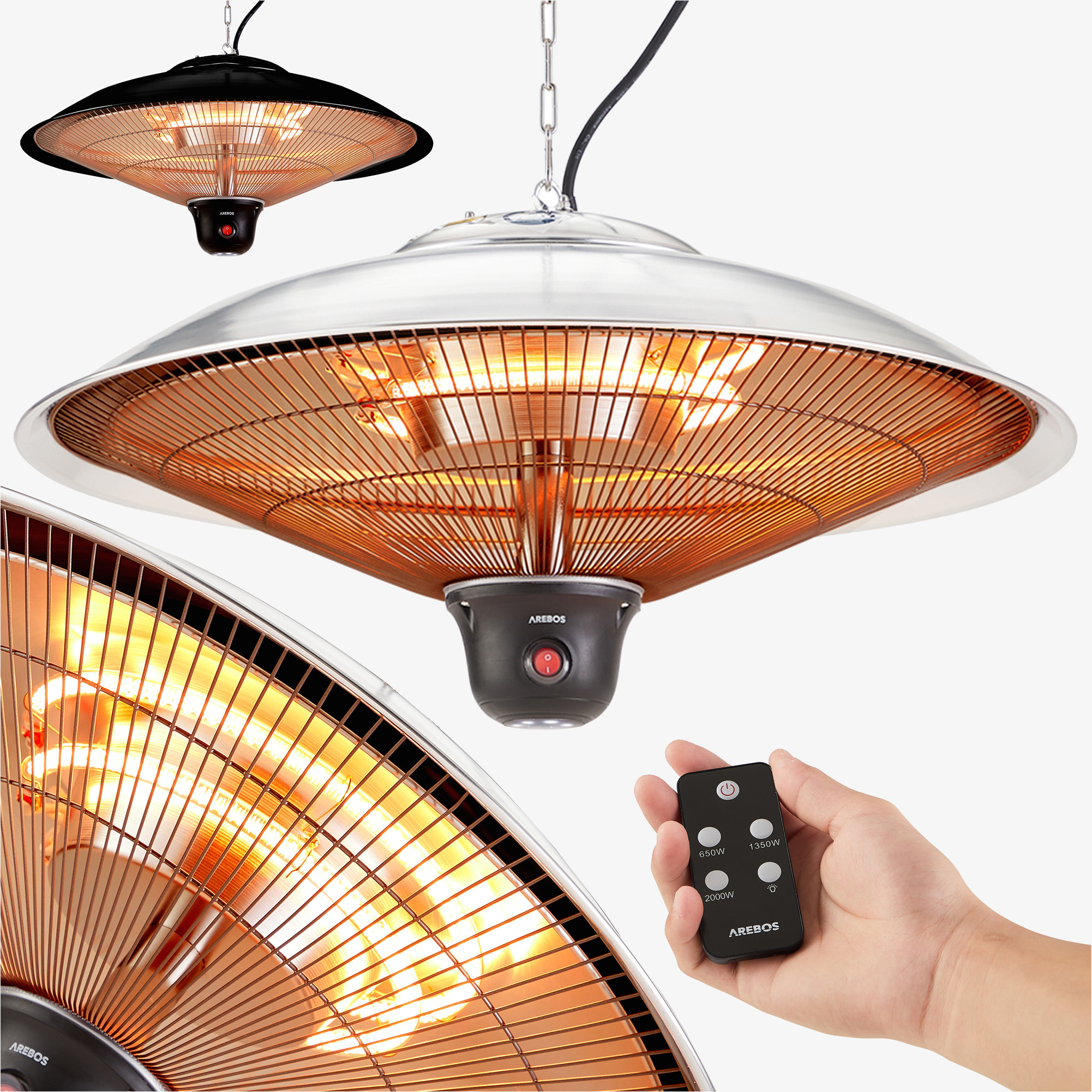 Arebos Riscaldatore a soffitto radiante a infrarossi 2000W - telecomando, 3 impostazioni di calore, esterno, LED