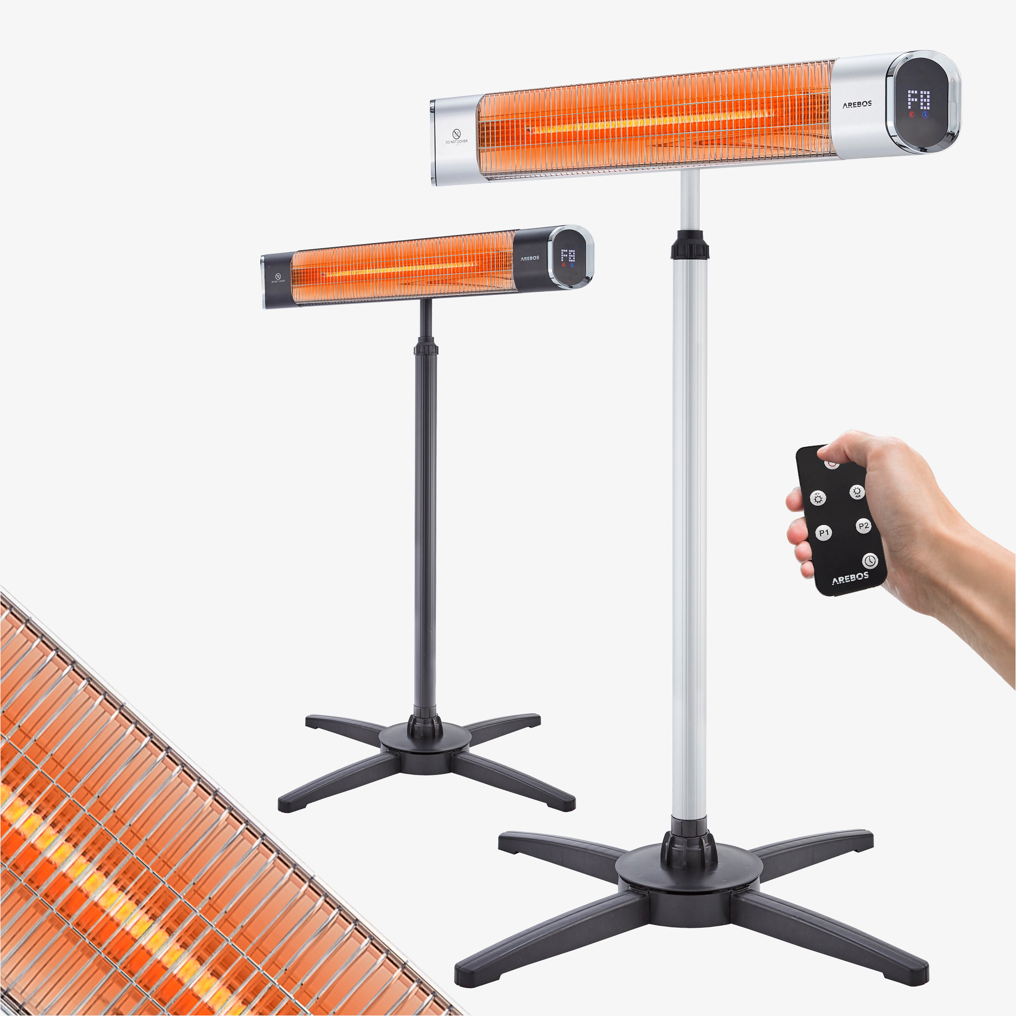 Arebos Riscaldatore radiante a infrarossi Premium 2000W - con supporto, 3 impostazioni di calore, telecomando incluso