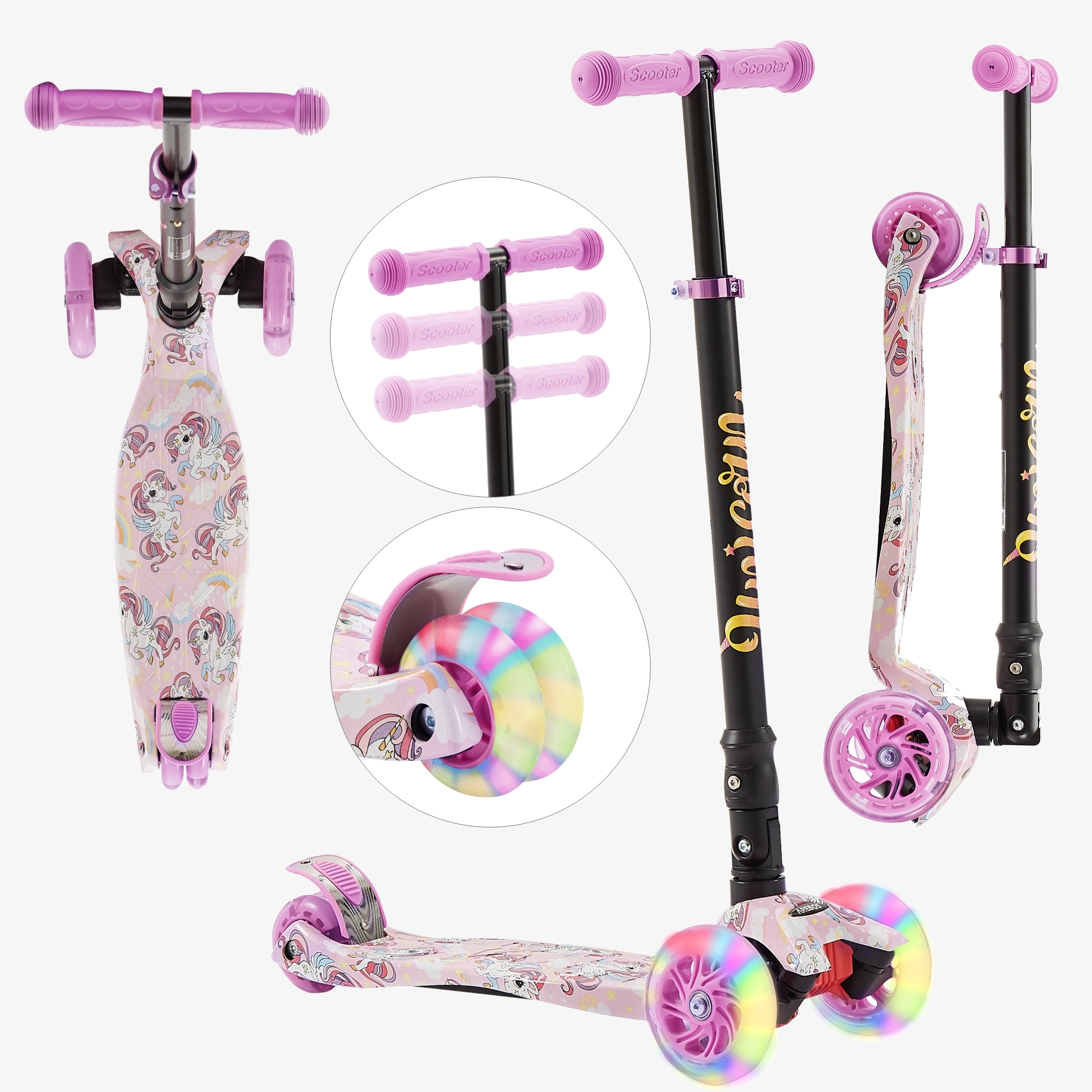 Arebos Monopattino per bambini con pneumatici a LED, ponte antiscivolo, freno a pedale, Scooter