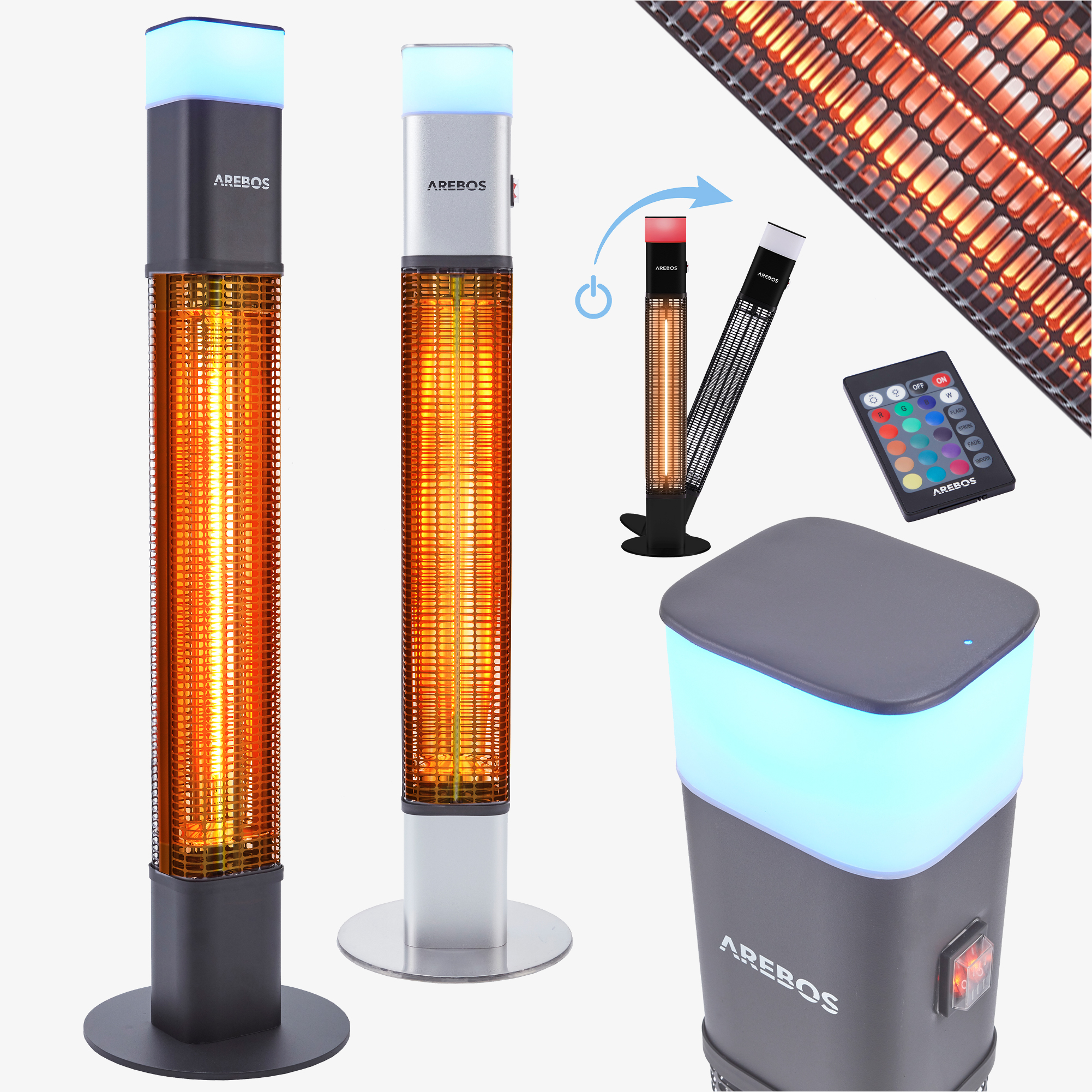 Arebos Riscaldatore per terrazze a infrarossi 1500W - LED, 16 colori, 3 livelli, incl. telecomando