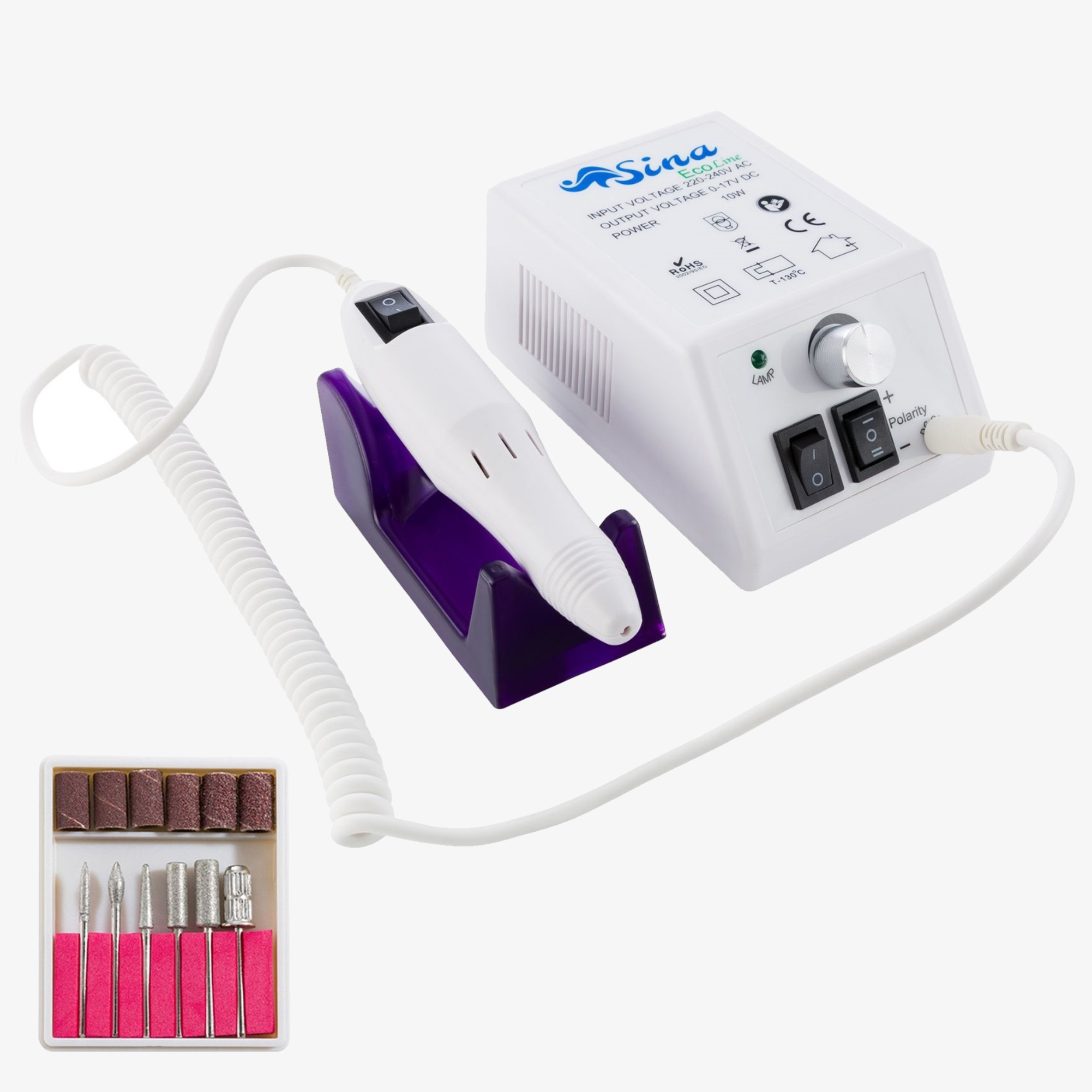 SINA Tagliaunghie Smerigliatrice per manicure Kit Eco line Bianco - Lima elettrica per unghie con 6 punte