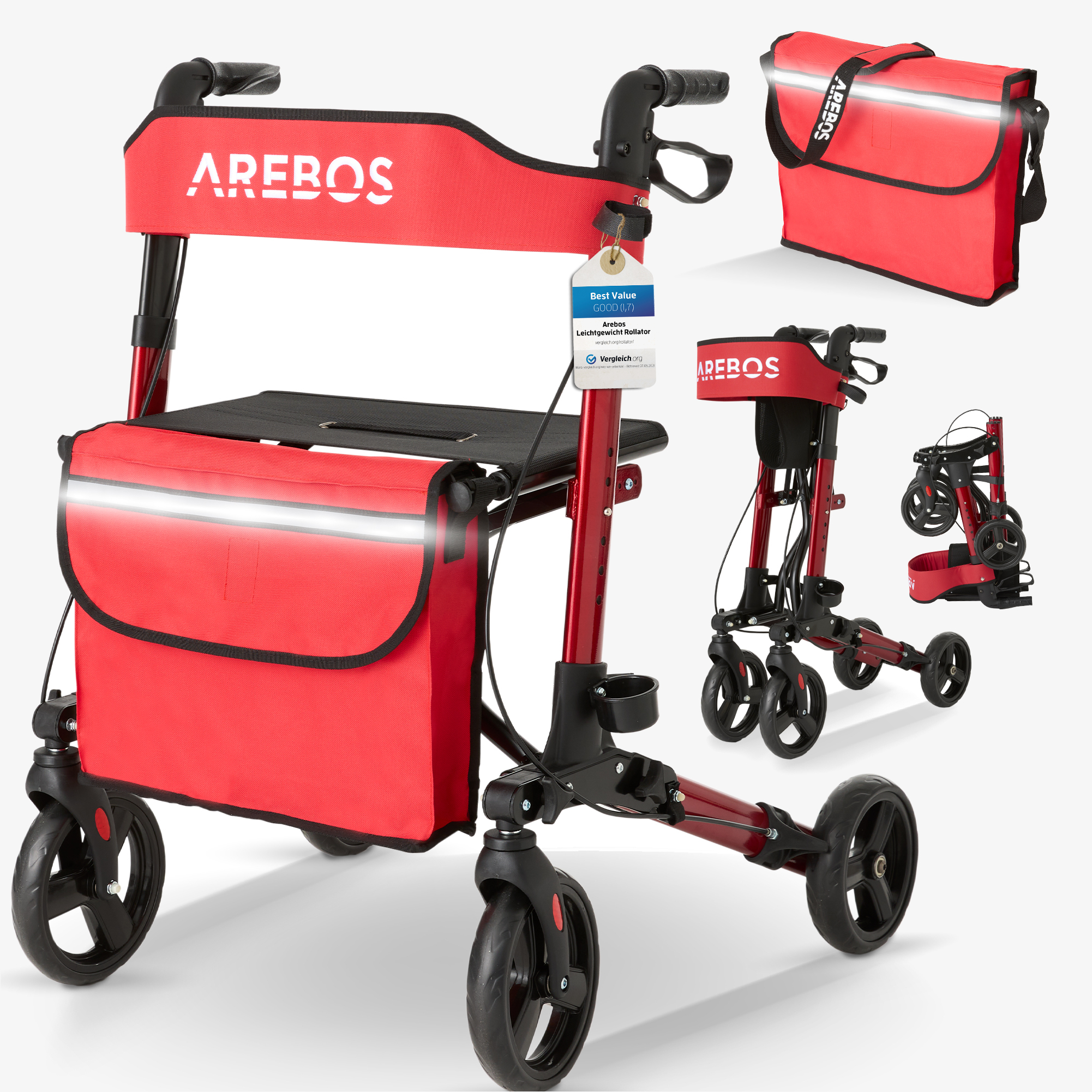 Rollator leggero Arebos - alluminio, regolabile, sedile, porta bastone, borsa per la spesa, pieghevole