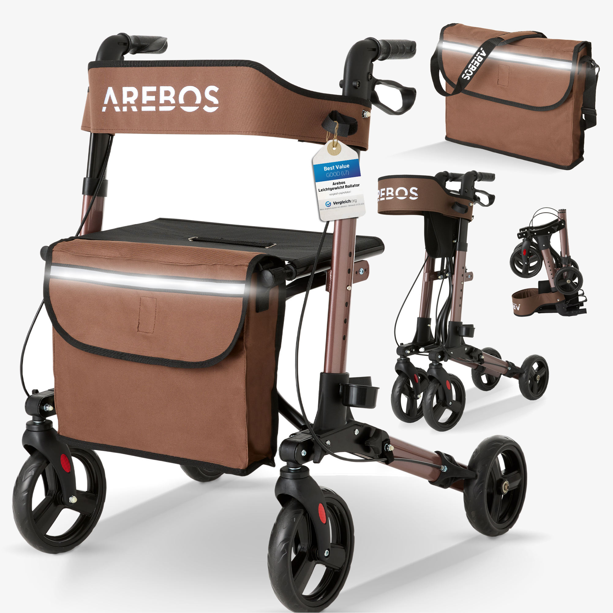 Rollator leggero Arebos - alluminio, regolabile, sedile, porta bastone, borsa per la spesa, pieghevole