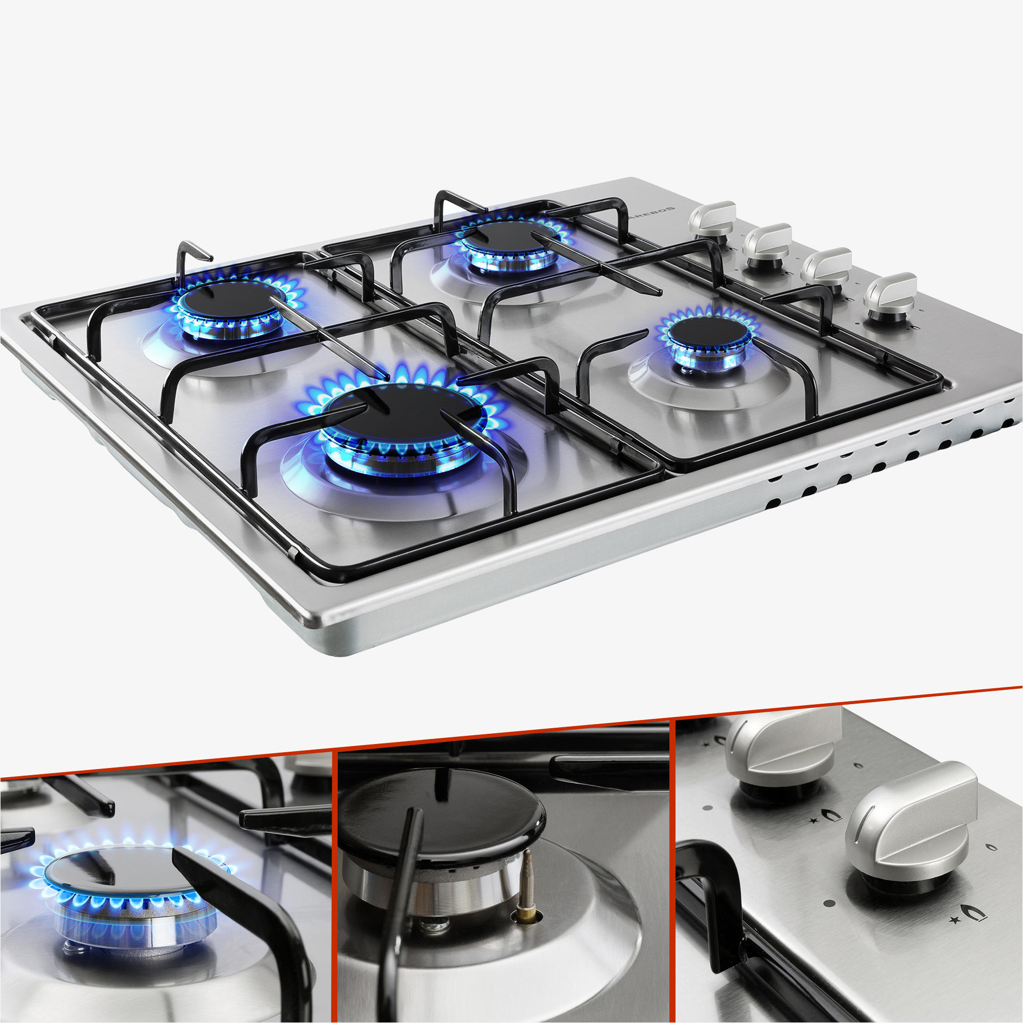 Arebos Piano cottura a gas a 4 fuochi, 58 cm, acciaio inox, gas naturale e propano
