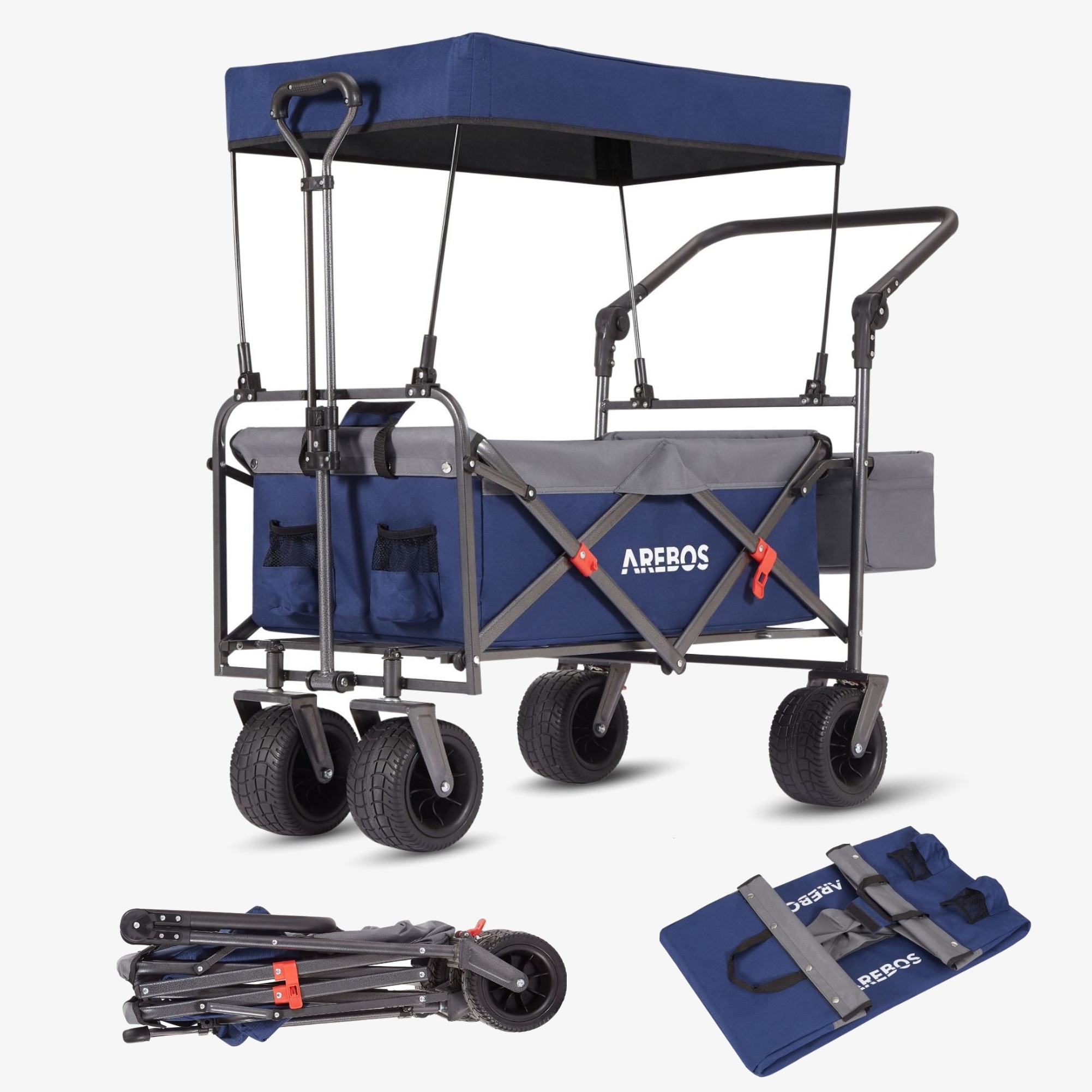 Arebos Carrello a mano LUXUS - pieghevole con tetto, cintura a 3 punti, borsa XXL, fino a 100 kg, ruote offroad