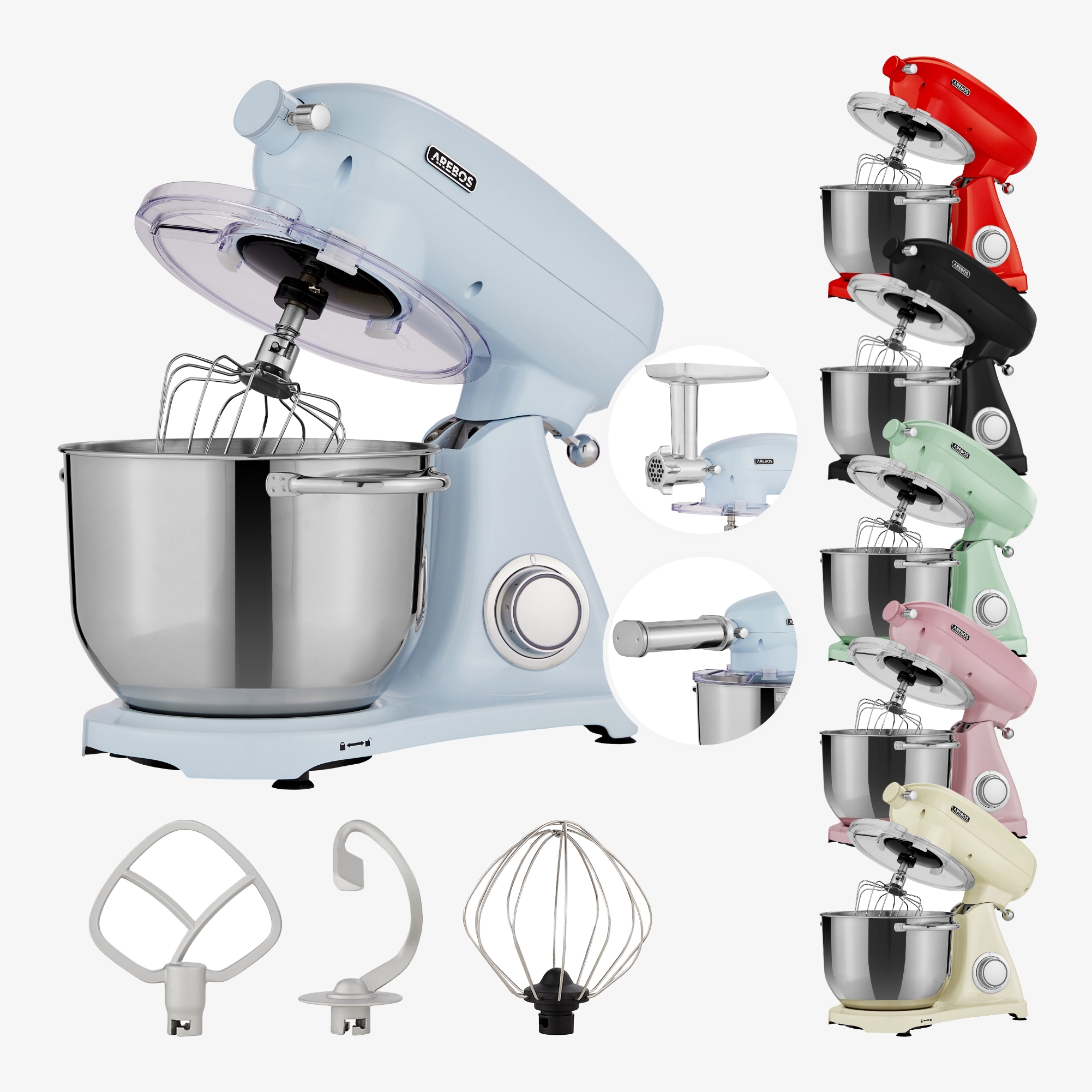 Arebos Retro Food Processor 1800W - Impastatrice con ciotola in acciaio inox da 6L, con accessori