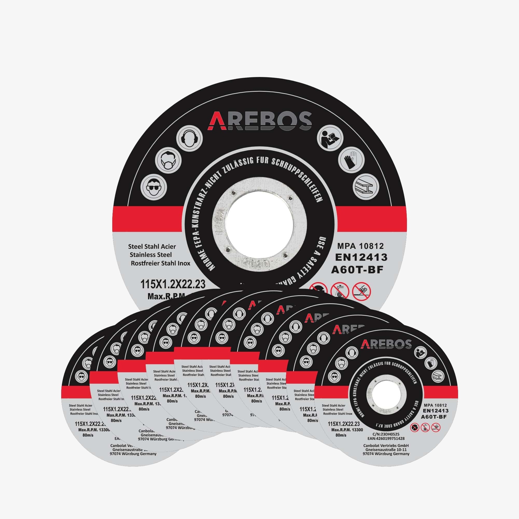Arebos Set di dischi da taglio INOX - Dischi flessibili 115 x 1,2 x 22,2 mm, metallo... - Testato MPA - 100 pezzi