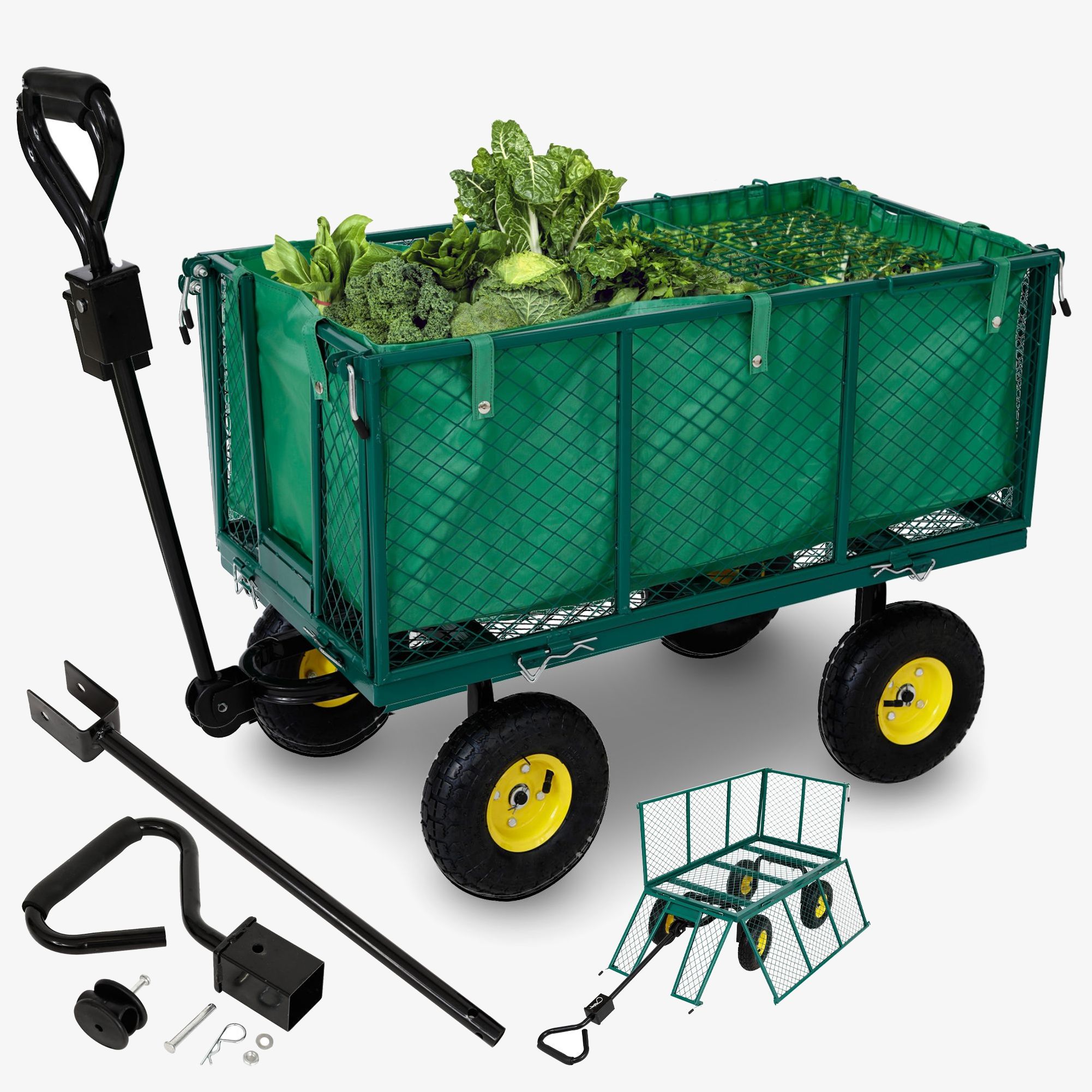 Arebos Carrello da giardino, dissuasore e carrello da trasporto 550 kg con pneumatici tassellati, incluso timone - Verde