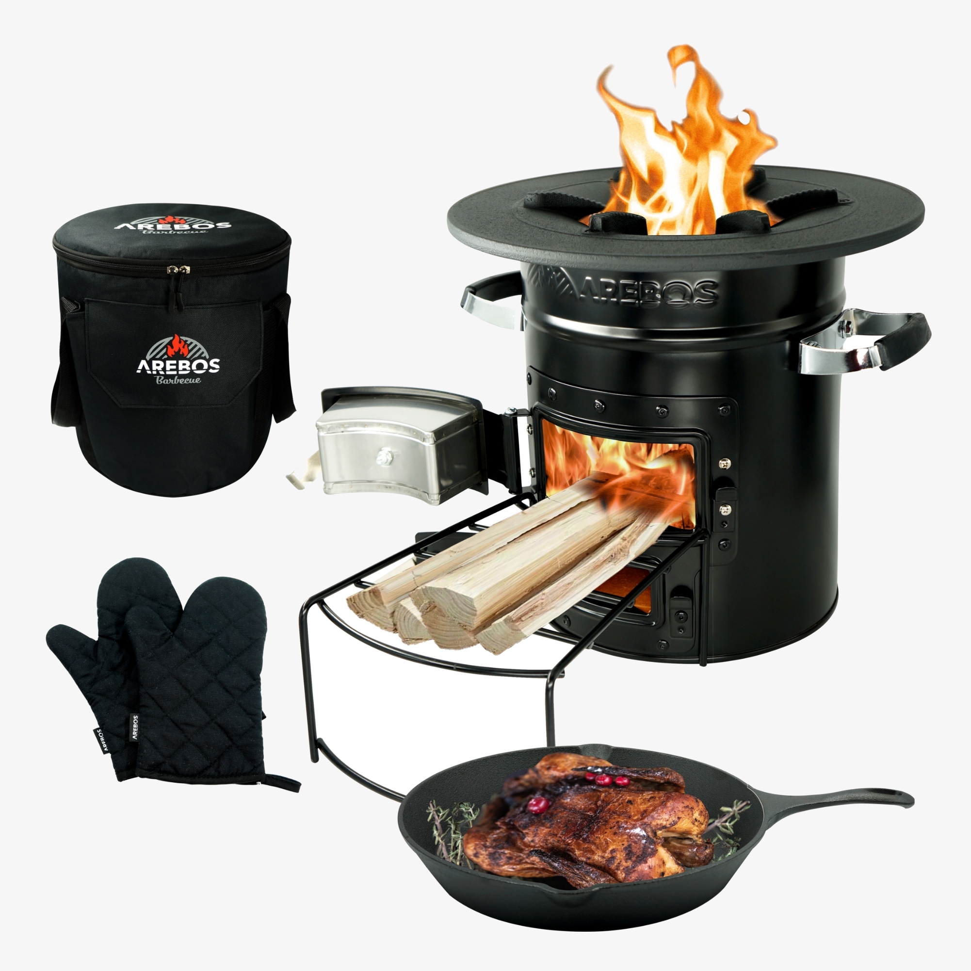 Arebos Rocket Stove incl. padella, guanti e borsa di trasporto Forno olandese BBQ Rocket Stove Stufa da campeggio