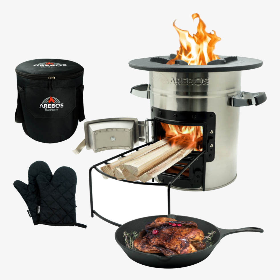 Arebos Rocket Stove incl. padella, guanti e borsa di trasporto Forno olandese BBQ Rocket Stove Stufa da campeggio