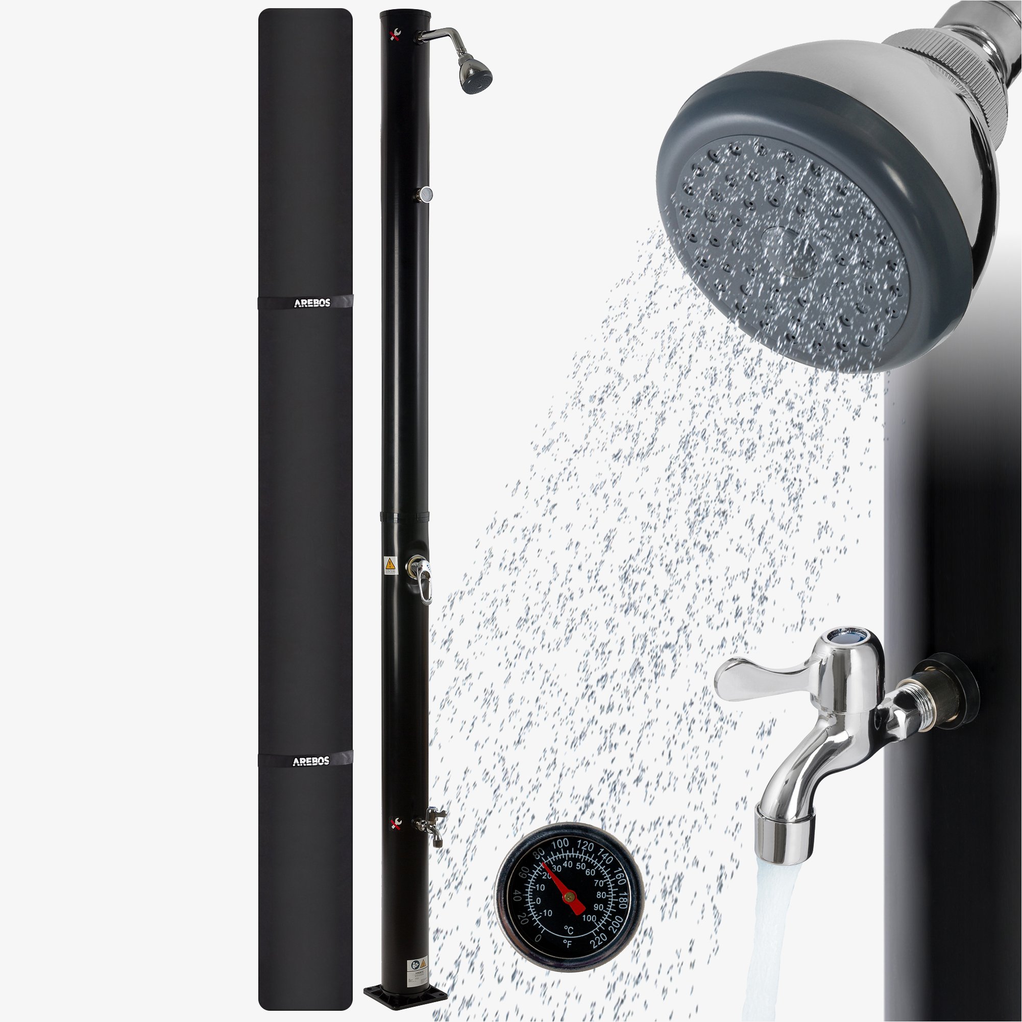 Arebos Solar Shower 20L Nero con termometro, attacco rapido, cappuccio incluso, doccia a pedale