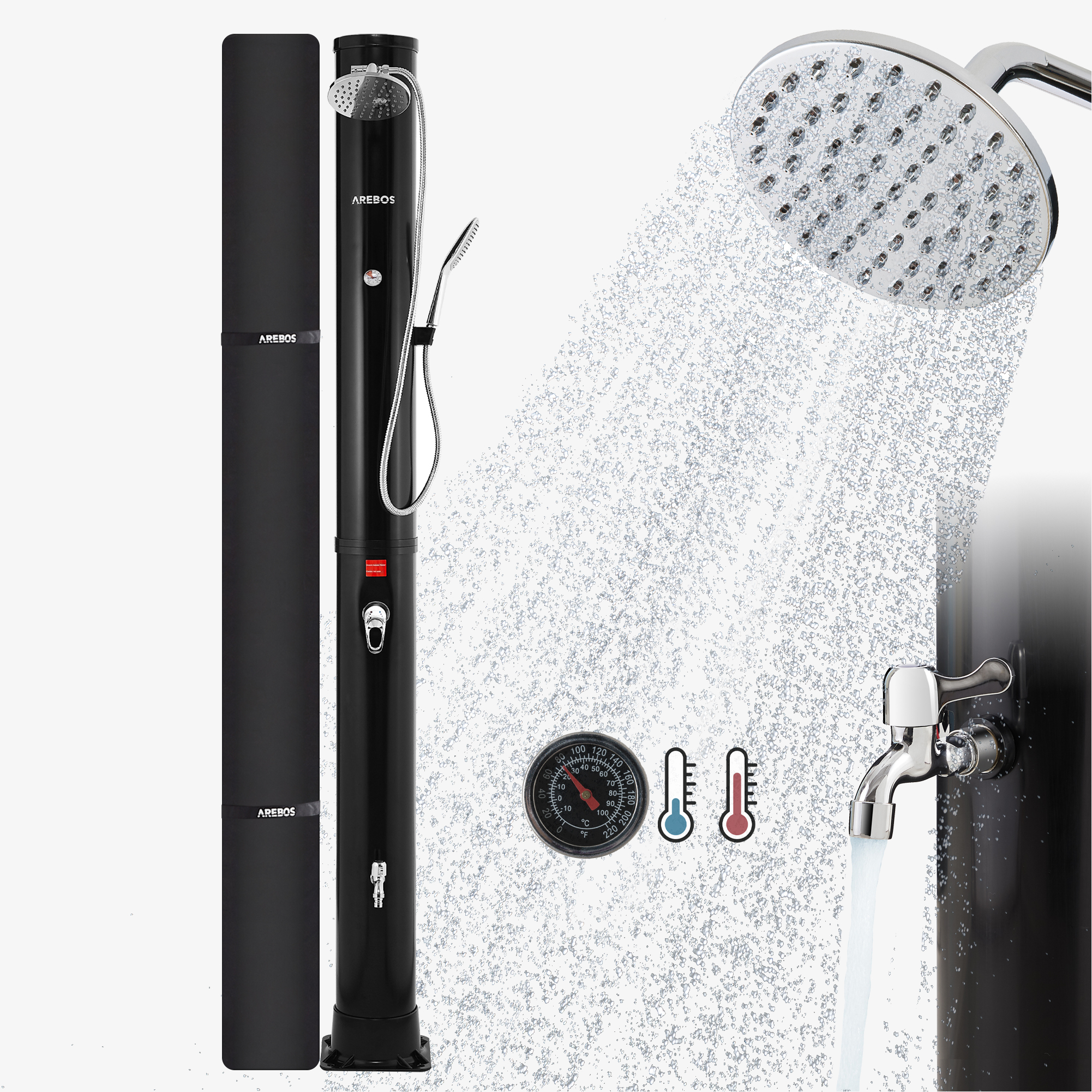 Arebos Doccia solare 40L Premium Black con termometro, doccetta, cappuccio incluso, doccetta per piedi