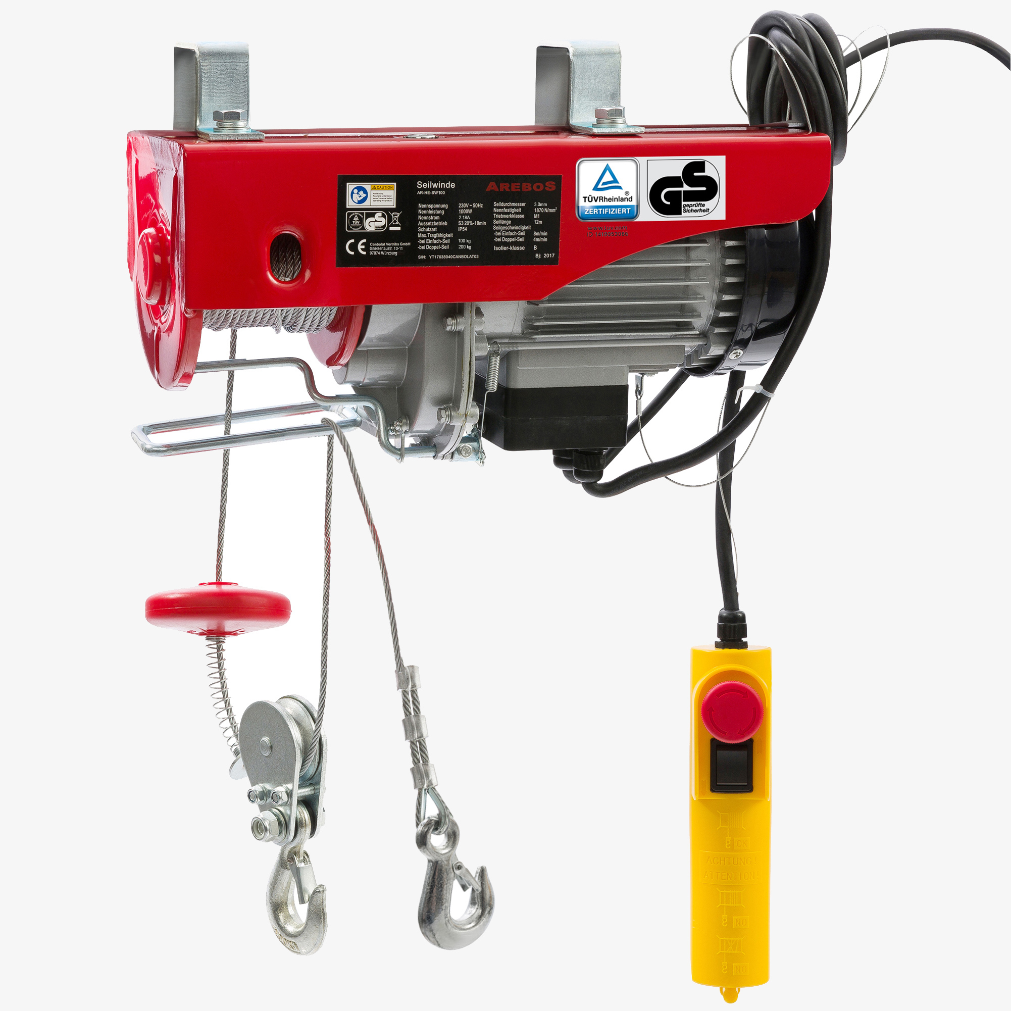 Arebos Alivatore elettrico a fune - capacità di sollevamento 100-200 kg con telecomando a cavo
