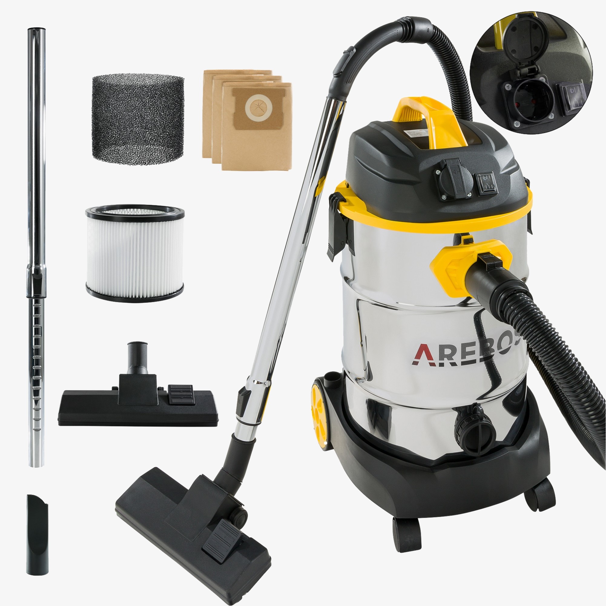 Arebos Aspirapolvere industriale 1600W - Aspirapolvere 30l, umido/asciutto, aspirapolvere per ceneri con e senza sacco
