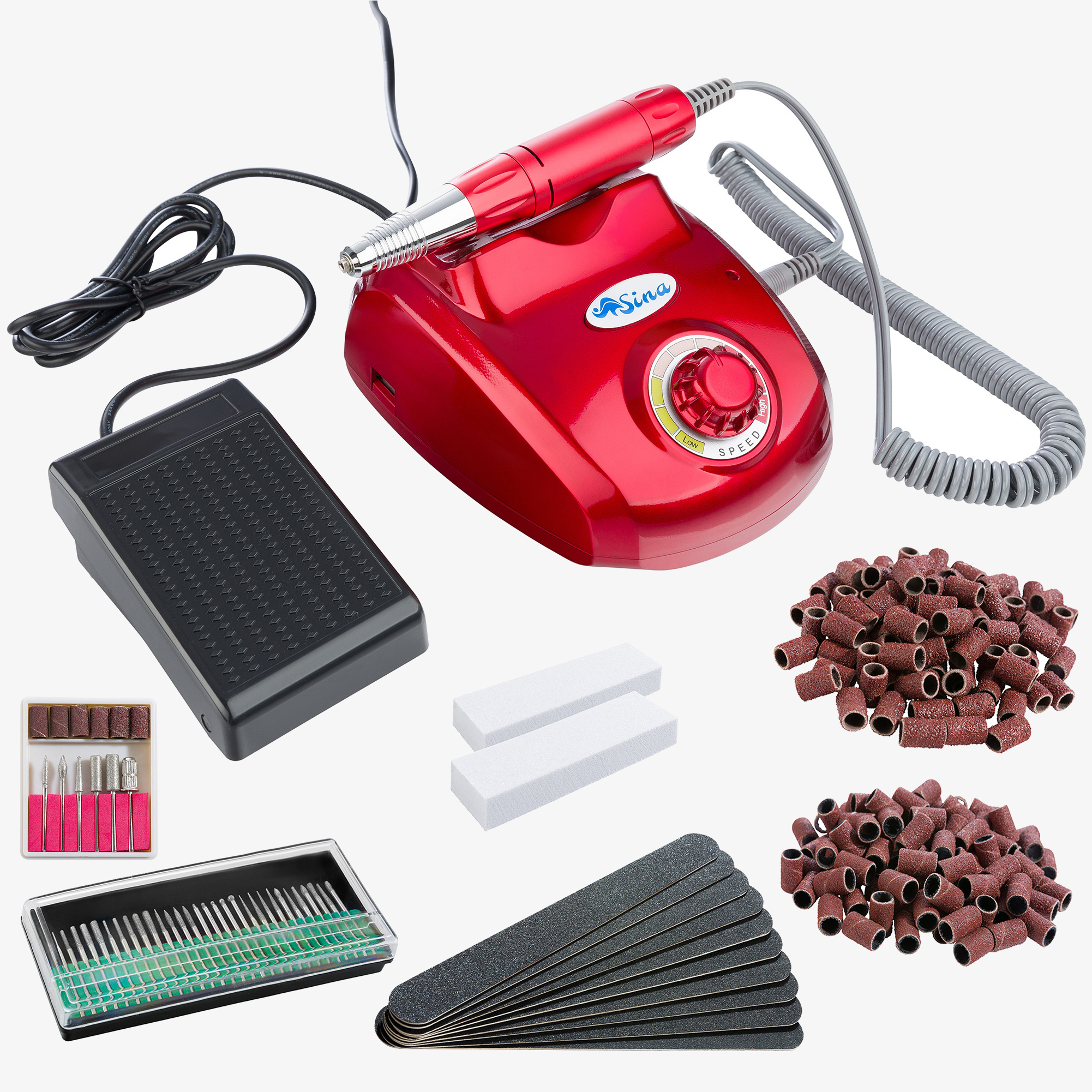 SINA Tagliaunghie elettrico Lima per unghie, incl. 254 accessori, 20.000 giri/min - Rosso