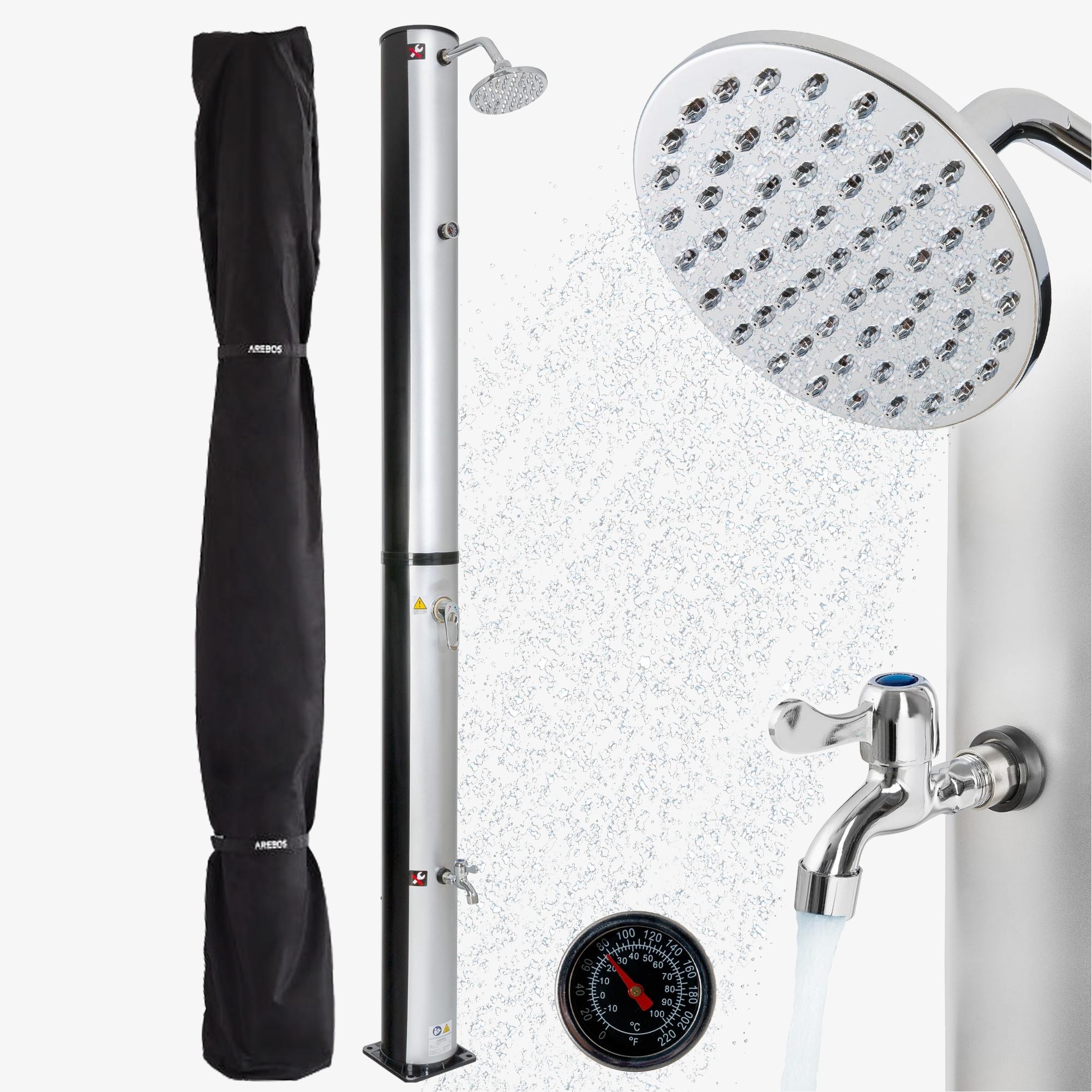 Arebos Solar Shower 37L Argento Termometro rotondo, attacco rapido, incluso cappuccio, doccia a pedale