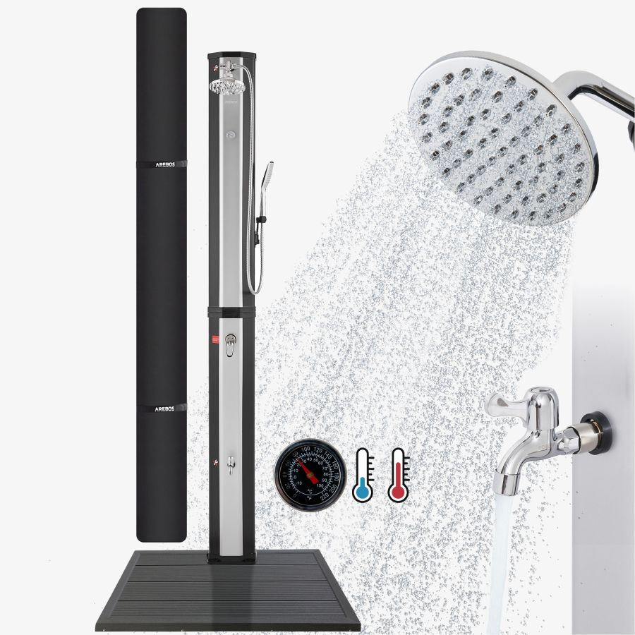 Doccia solare 60L con termometro e doccetta nero-argento con base antracite