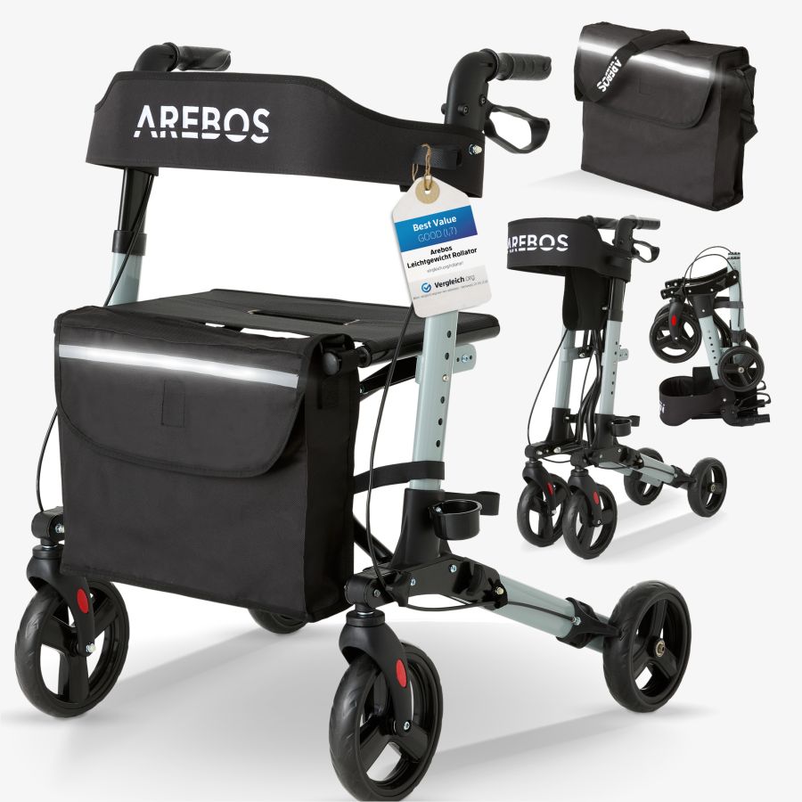 Rollator in alluminio - pieghevole, con borsa per la spesa inclusa
